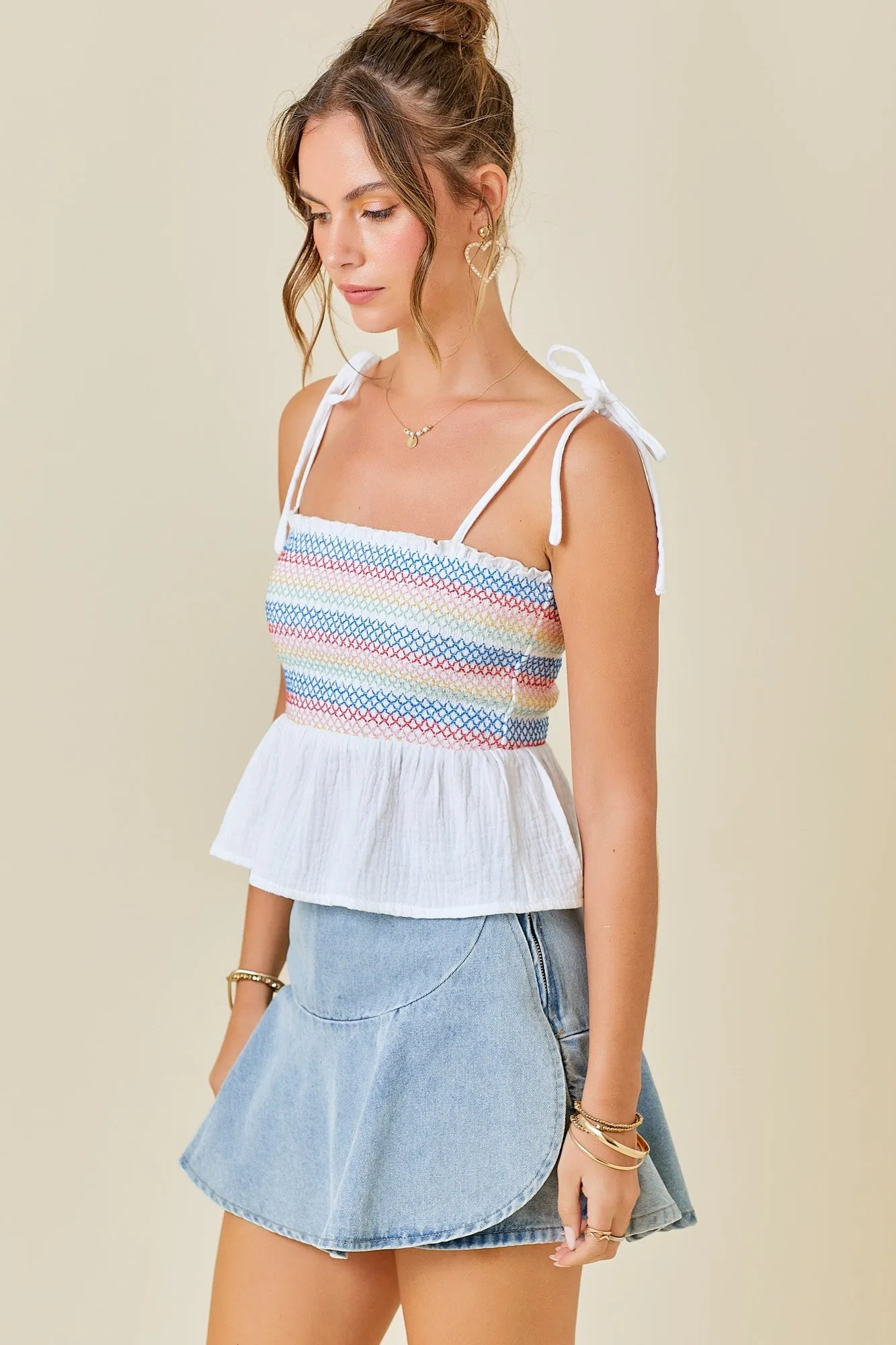 Multi-Color Stitching Detail Babydoll Top