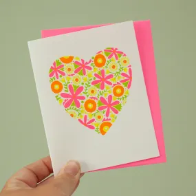 neon floral heart card, blank decorative greeting card for any occasion