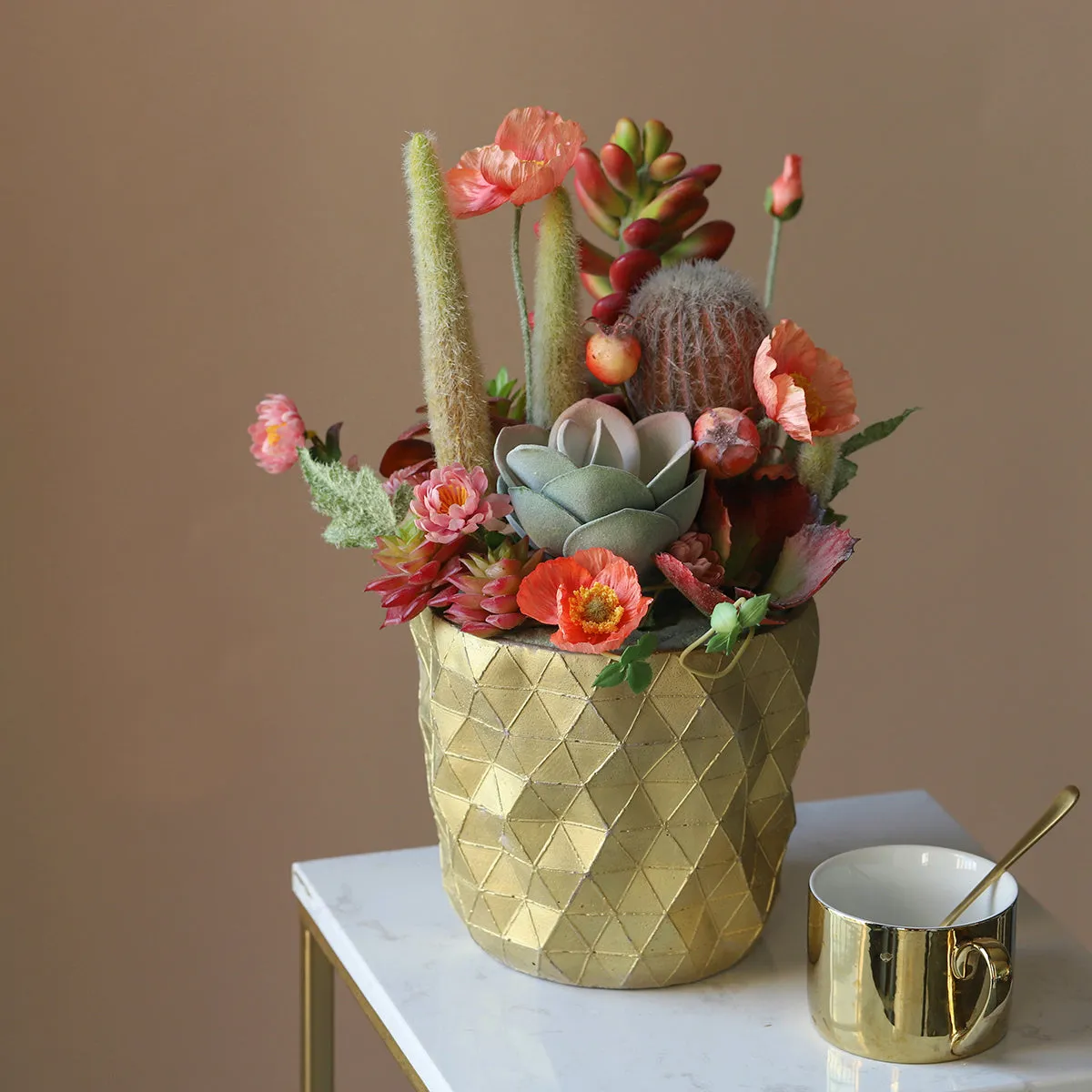 Potted Faux Cactus and Succulent Flower Arrangement