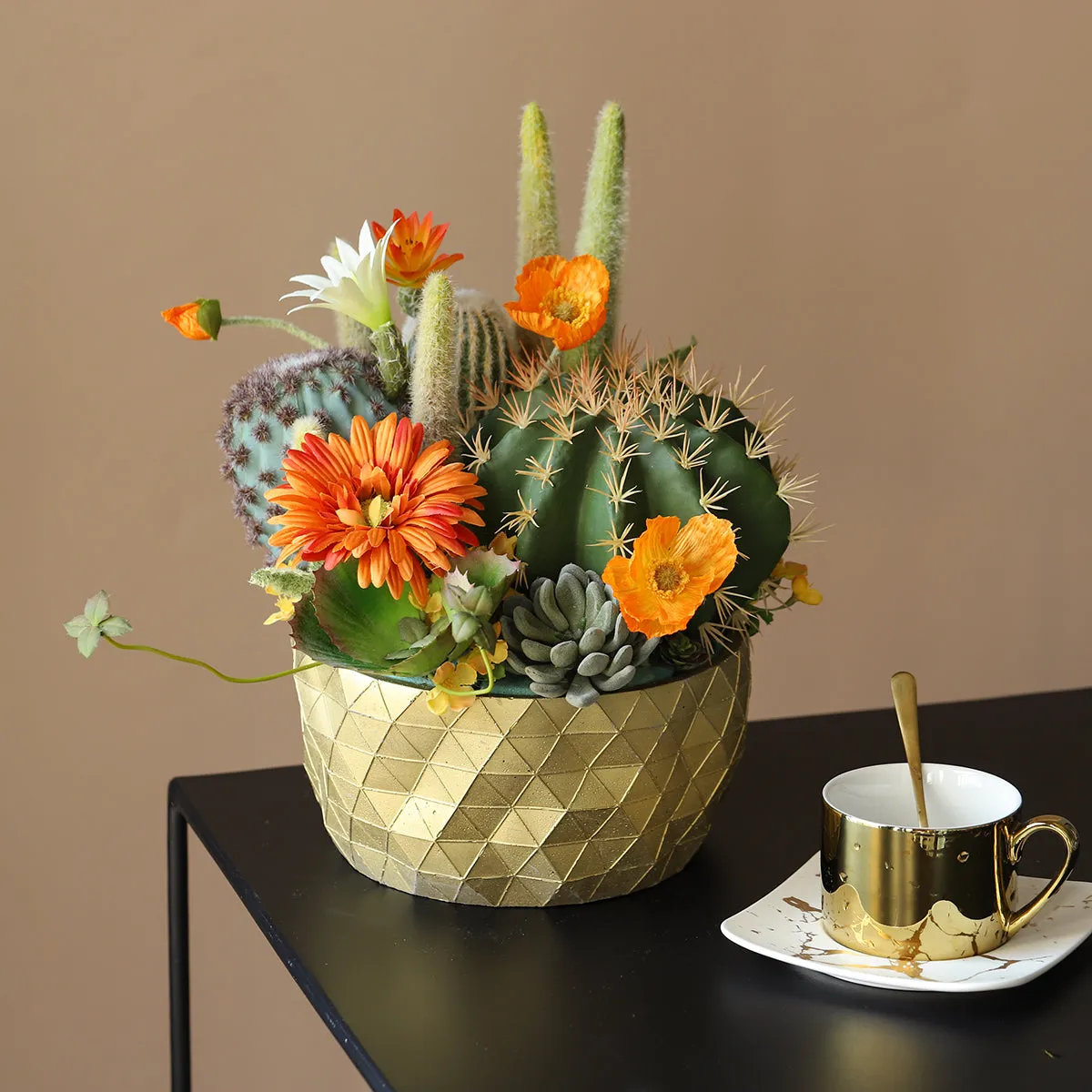 Potted Faux Cactus and Succulent Flower Arrangement