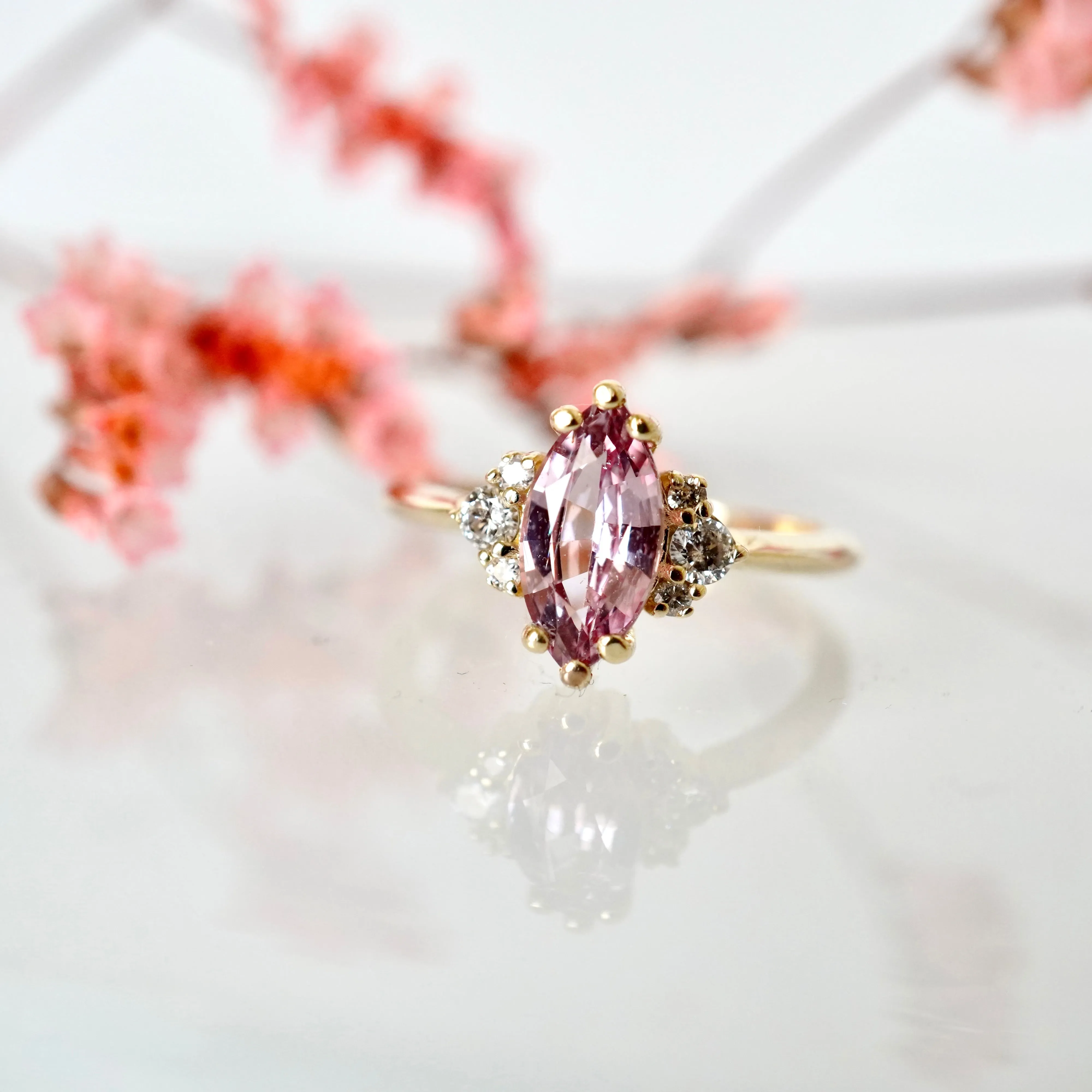 Sapphire Diamond Engagement Ring, Gold Pink Sapphire Cluster Ring