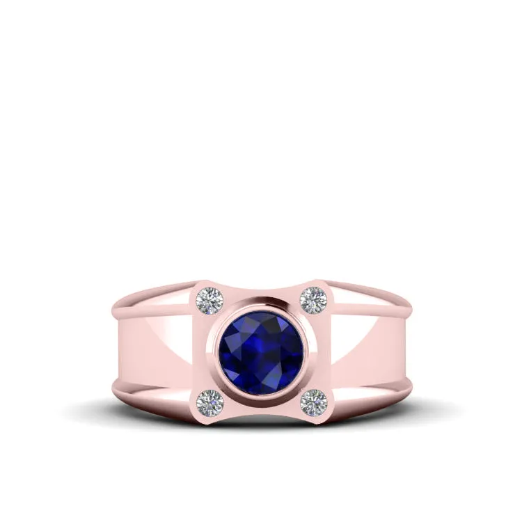 Virgo Pinky Ring Sapphire and Diamond 0.12ct in SOLID 10K Rose Gold Wide Band Bezel Set Ring