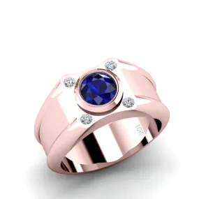 Virgo Pinky Ring Sapphire and Diamond 0.12ct in SOLID 10K Rose Gold Wide Band Bezel Set Ring