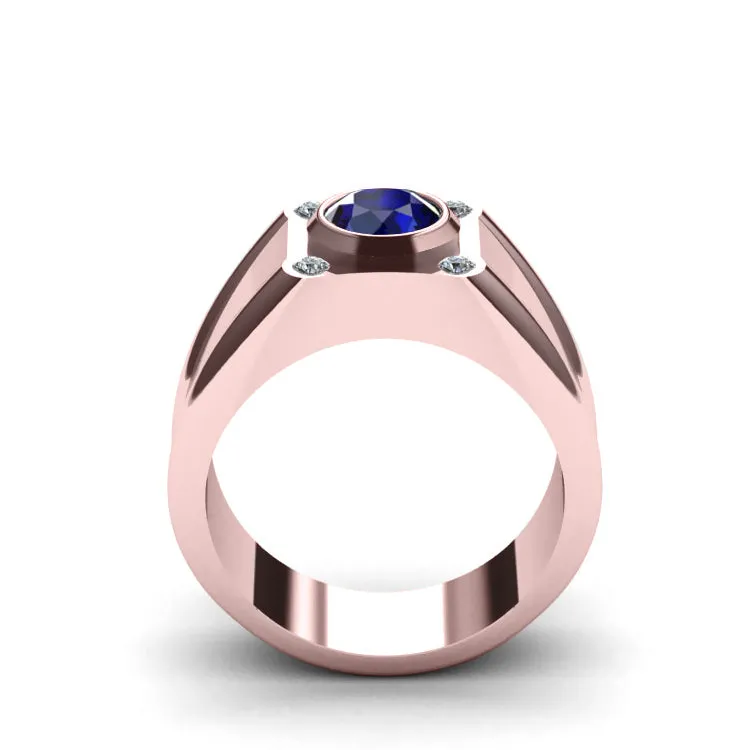 Virgo Pinky Ring Sapphire and Diamond 0.12ct in SOLID 10K Rose Gold Wide Band Bezel Set Ring