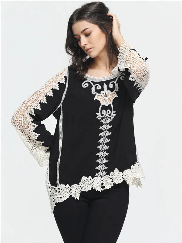 White Lace Stitching Black Round Neck Top