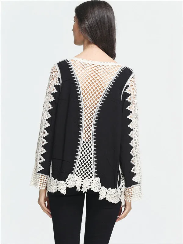 White Lace Stitching Black Round Neck Top